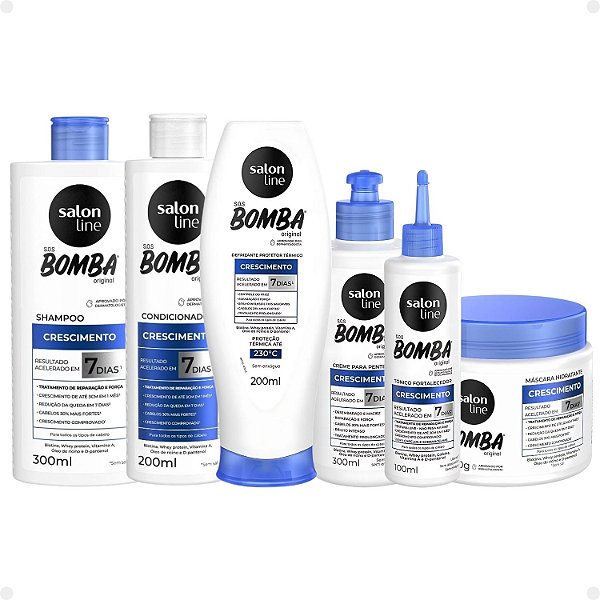 Kit Salon Line SOS Bomba Crescimento Capilar: Shampoo 300ml e Condicionador 200ml + Máscara Hidratante 500g, Creme Para Pentear 300ml, Defrizante 200ml e Tônico 100ml