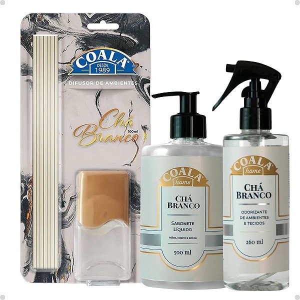 Kit Coala Chá Branco: Sabonete Líquido, Difusor de Aromas e Odorizante de Ambientes
