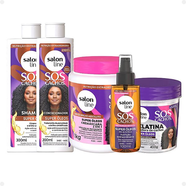 Kit Salon Line SOS Cachos Super Óleos: Shampoo 300ml e Condicionador 200ml + Cremáscara 2 em 1 1kg, Gelatina Ativadora de Cachos 400g e Óleo de Tratamento 100ml