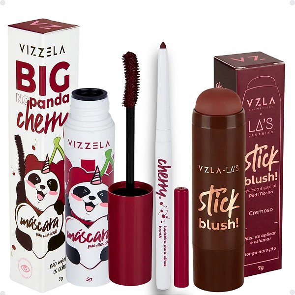 Kit Vizzela: Lapiseira Cherry, Blush Stick Red, Máscara de Cílios No Panda Big Bordô