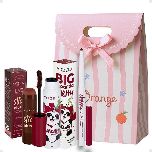 Kit Presente Vizzela: Lapiseira Cherry, Blush Stick Red, Máscara de Cílios No Panda Big Bordô
