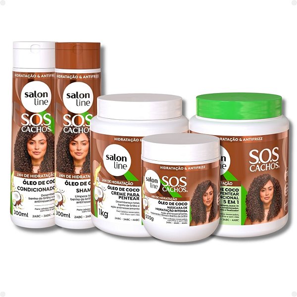 Kit Salon Line SOS Cachos Óleo De Coco: Shampoo, Condicionador, Máscara, Ativador E Creme 5 Em 1 + Mimos