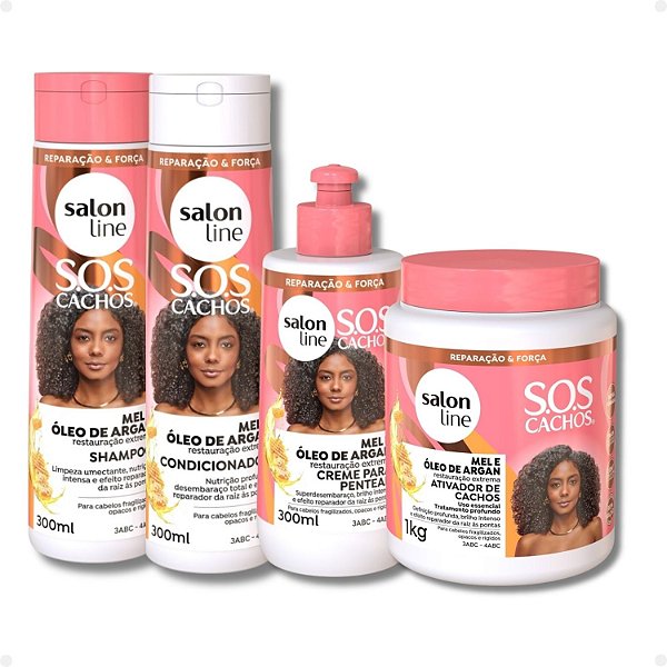 Kit Salon Line SOS Cachos Mel e Óleo De Argan: Shampoo, Condicionador, Creme E Ativador