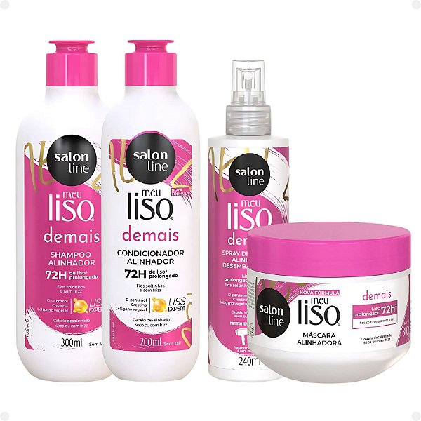 Kit Salon Line Meu Liso Demais Alinhador: Shampoo 300ml e Condicionador 200ml + Creme de Tratamento 300g e Spray Defrizante Desembaraçante 240ml