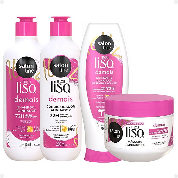 Kit Salon Line Meu Liso Demais Alinhador: Shampoo 300ml e Condicionador 200ml + Creme de Tratamento 300g e Defrizante Desembaraçante 240ml
