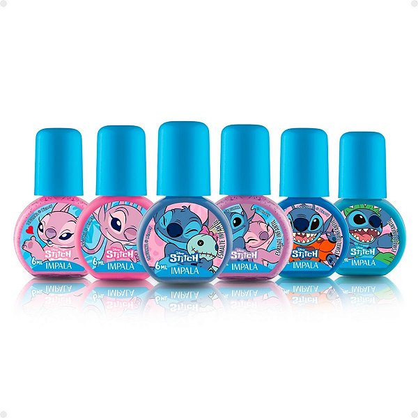 Kit Impala Disney Stitch 6 Esmaltes: Aloha, Brilho Angelical, Ohana Quer Família, Experiência 626, Nunca Abandonar, Amizade de Outro Planeta