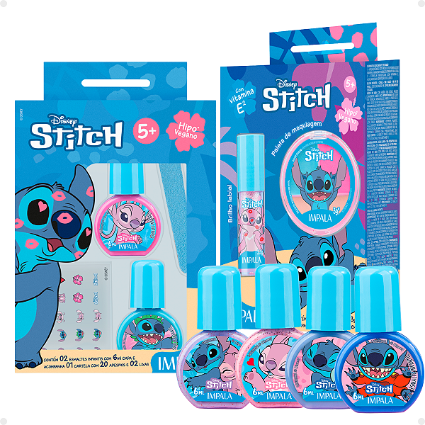 Kit Impala Stitch Completo com 10 itens: 6 Esmaltes, Lixa, Adesivo, Paleta e Brilho Labial