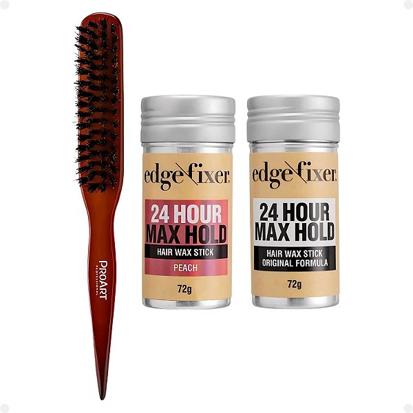 Kit Cera Fixadora de Cabelo Edge Fixer Kiss New York: Original e Pêssego + Escova para Acabamento e Penteado ProArt