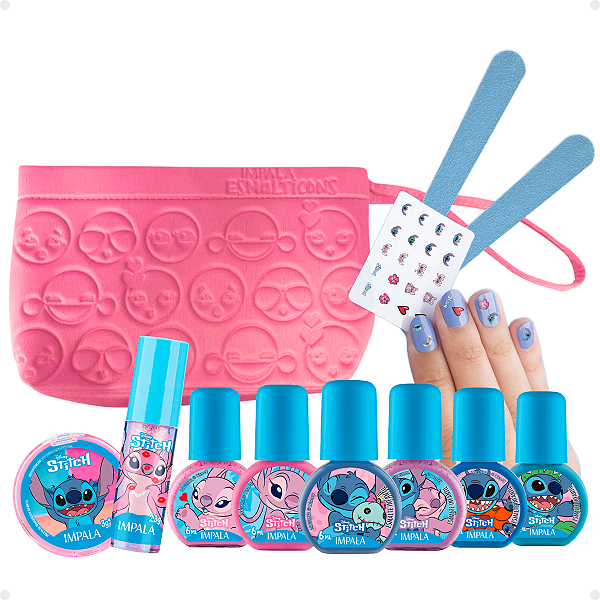 Kit Impala Stitch com 10 itens + Mimo: 6 Esmaltes, Lixa, Adesivo, Paleta e Brilho Labial