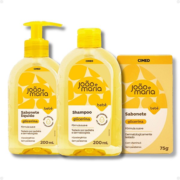 Kit João E Maria Cimed Glicerina: Sabonete Liquído 200ml, Shampoo 200ml E Sabonete em Barra 75g