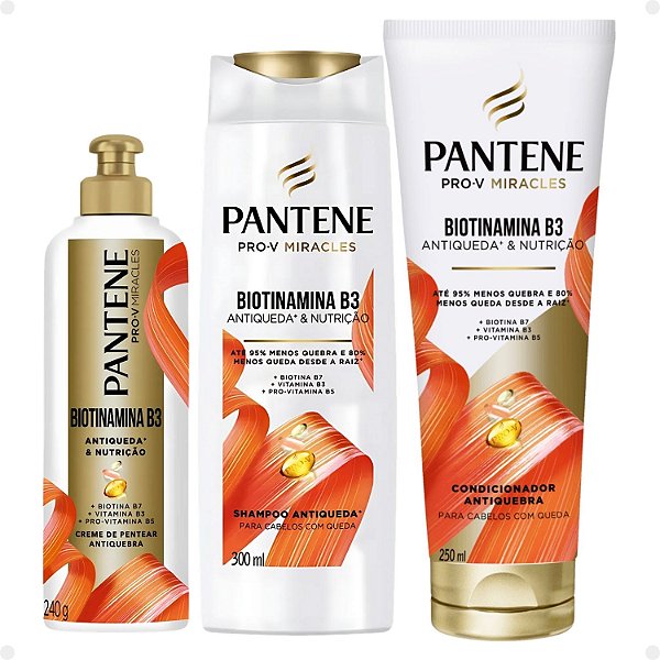 Kit Pantene Biotinamina B3 Antiqueda e Nutrição: Shampoo 300ml e Condicionador 250ml + Creme de Pentear 240g