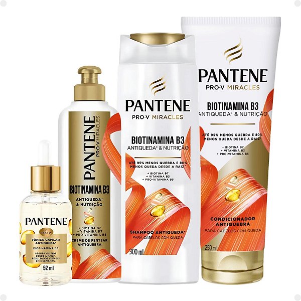 Kit Pantene Biotinamina B3 Antiqueda e Nutrição: Shampoo 300ml e Condicionador 250ml + Tônico 52ml + Creme de Pentear 240g