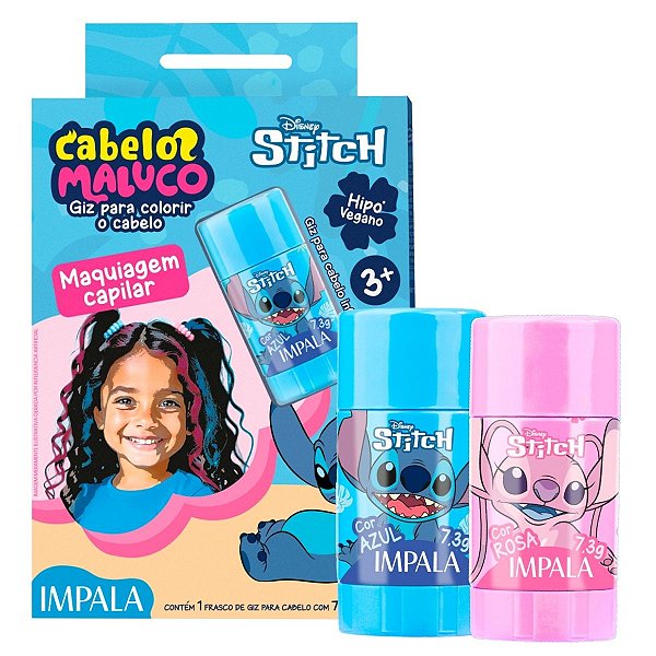 Kit Impala Stitch Cabelo Maluco: Giz Para Colorir Azul Stitch e Rosa Angel