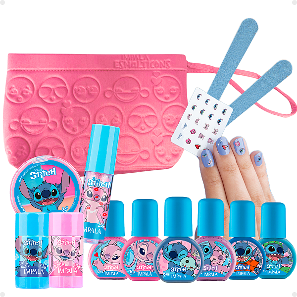 Kit Impala Stitch com 12 itens + Mimo: 6 Esmaltes, Lixa, Adesivo, Paleta, Brilho Labial e 2 Giz Cabelo