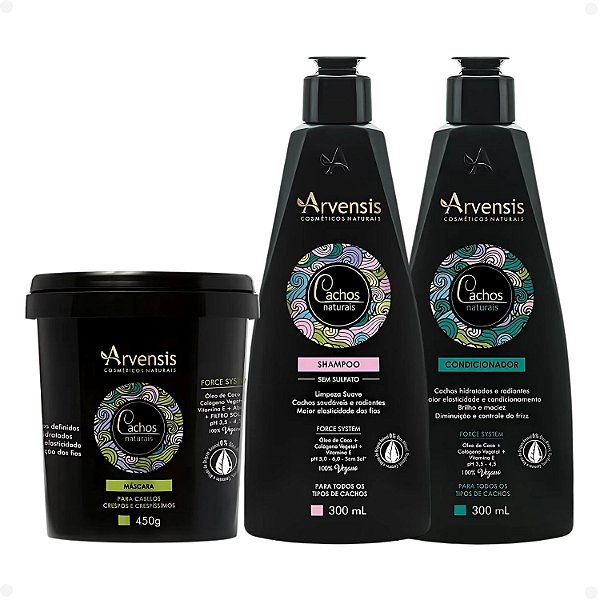 Kit Arvensis Cachos Naturais Cabelos Crespos e Crespíssimos: Shampoo 300ml, Condicionador 300ml e Máscara 450g
