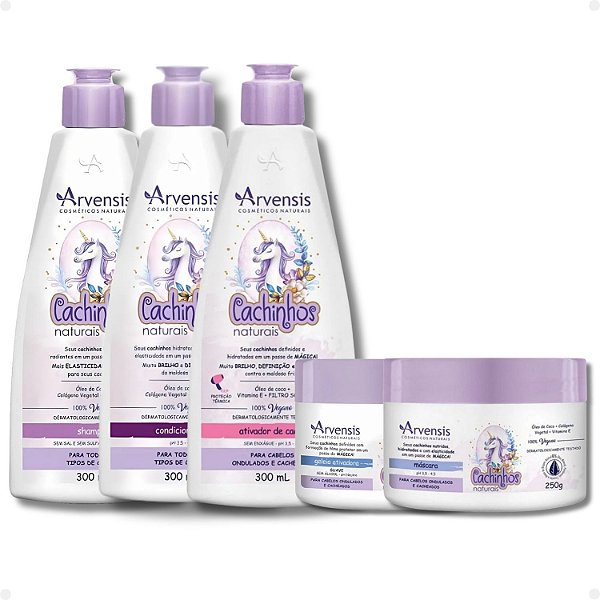 Kit Arvensis Cachinhos Naturais Cabelos Ondulados e Cacheados: Shampoo 300ml, Condicionador 300ml, Máscara 250g, Ativador de Cachos 300ml e Geleia Ativadora Suave 250g