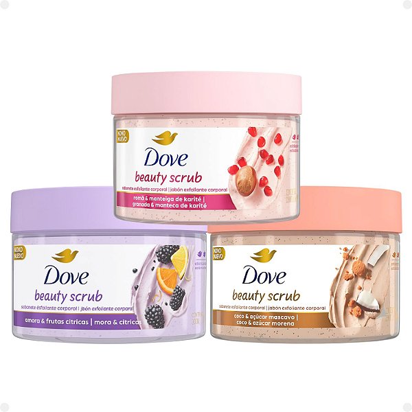 Kit Dove Sabonete Esfoliante Corporal Beauty Scrub: Amora e Frutas Cítricas, Romã e Manteiga de Karité e Coco e Açucar Mascavo 280g