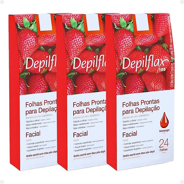Kit Depilflax: 3 Folhas Prontas Para Depilação Facial Morango Com 24 folhas Cada