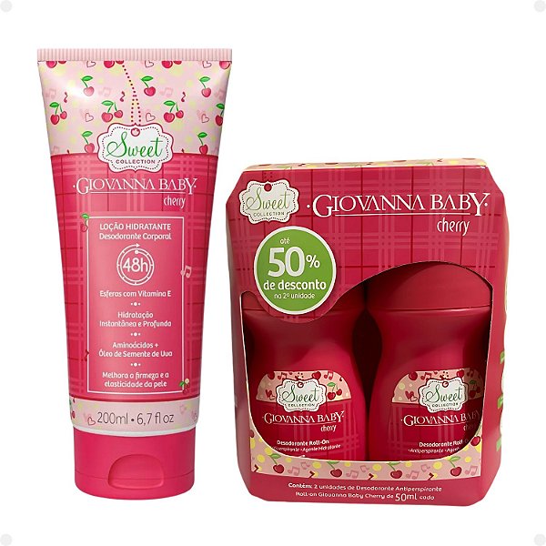 Kit Giovanna Baby Cherry: 2 Desodorantes Roll-on e 1 Loção Hidratante