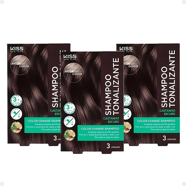 Kit Kiss New York Color Change: 3 Shampoo Tonalizante Castanho Escuro