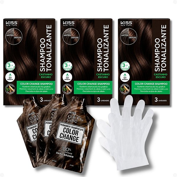 Kit Kiss New York Color Change: 3 Shampoos Tonalizantes Castanho Escuro