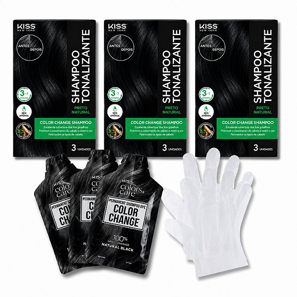 Kit Kiss New York Color Change: 3 Shampoos Tonalizantes Preto