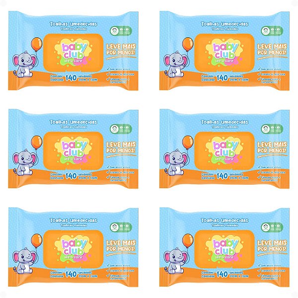 Kit Baby Club Ultra Care: 6 Pacotes Toalhas Umedecidas Baby 20x13cm Com 140Un