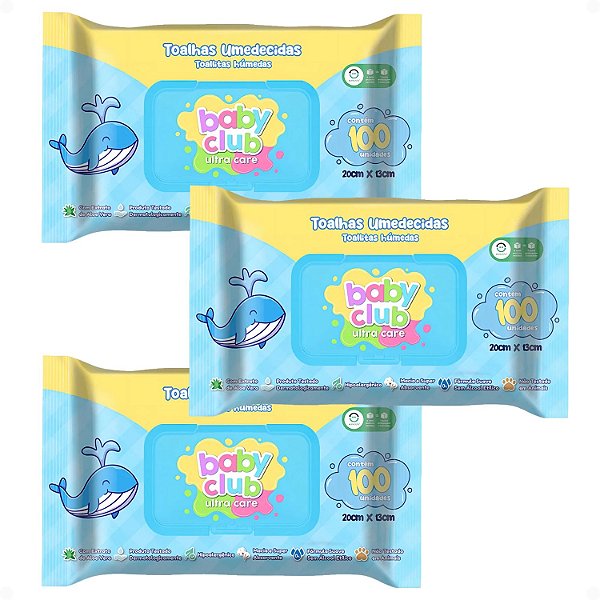 Kit Baby Club Ultra Care: 3 Pacotes Toalhas Umedecidas Baby 20x13cm Com 100Un