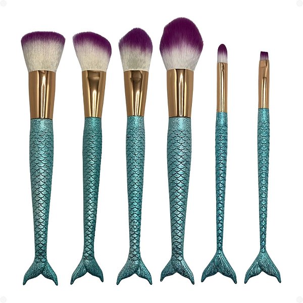 Kit Le Vangee Mermaid Cauda Verde: 6 Pincéis de Maquiagem