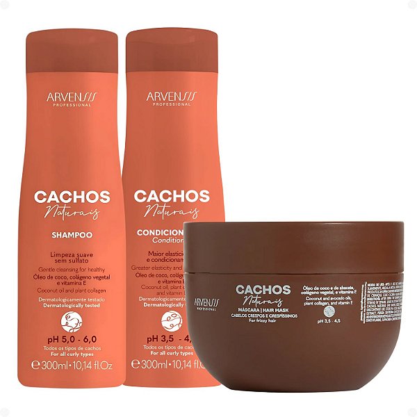 Kit Arvensis Cachos Naturais: Shampoo e Condicionador 300ml + Máscara para Cabelos Crespos