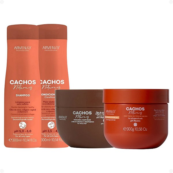 Kit Arvensis Cachos Naturais: Shampoo e Condicionador 300ml + Máscara para Cabelos Crespos e Geleia Ativadora