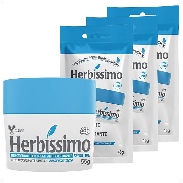 Kit Herbíssimo Desodorante Creme Antitranspirante Sensitive 55g + 3 Refis 45g