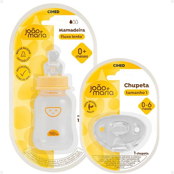 Kit Cimed João e Maria 0-6 Meses: Mamadeira Fluxo Lento 120ml e Chupeta De Silicone Tamanho 1