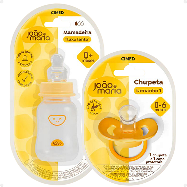 Kit Cimed João e Maria 0-6 Meses: Mamadeira Fluxo Lento 120ml e Chupeta Com Capa Protetora Tamanho 1