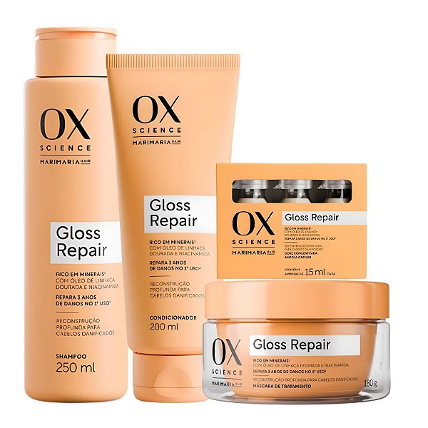 Kit Ox Science Mari Maria Hair Gloss Repair: Shampoo 250ml, Condicionador 200ml, Máscara Capilar 180g e 3 Doses Concentradas