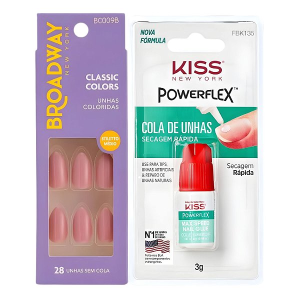 Kit Kiss New York: Unhas Postiças Stiletto Médio Forest e Cola De Unhas 3g
