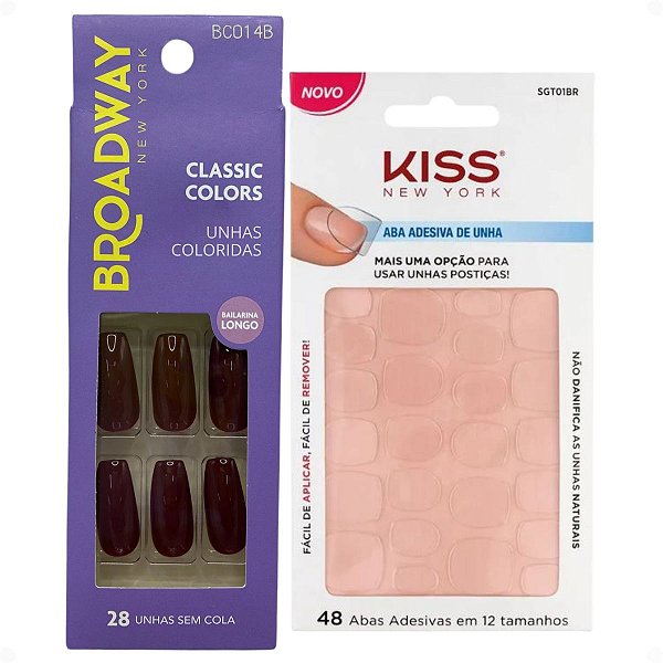 Kit Kiss New York: Unhas Postiças Bailarina Longo Lavender e Abas Adesivas Unhas