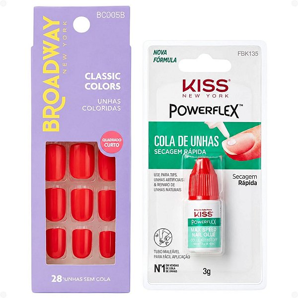 Kit Kiss New York: Unhas Postiças Quadrado Curto Vintage e Cola De Unhas 3g