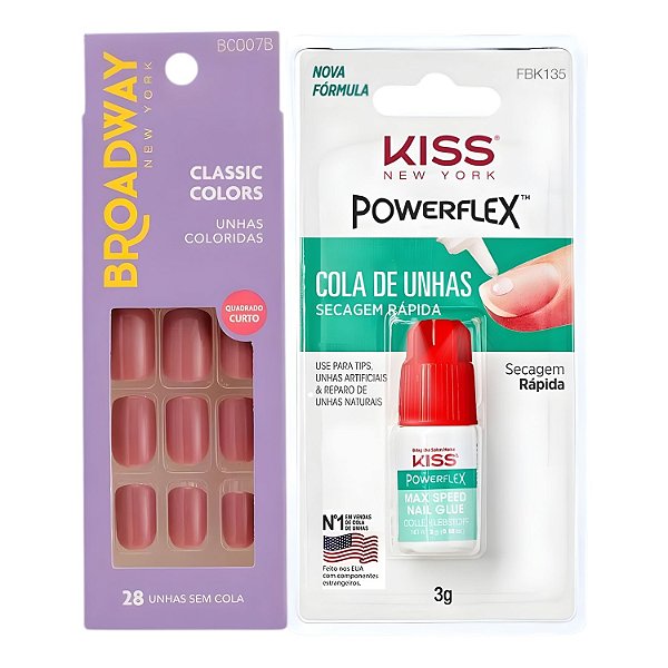 Kit Kiss New York: Unhas Postiças Quadrado Curto Smoothie e Cola De Unhas 3g