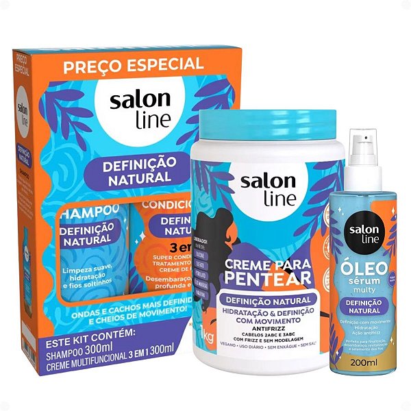 Kit Salon Line Definição Natural: Shampoo, Creme Multifuncional 300ml, Creme Para Pentear 1kg e Óleo Sérum Capilar 200ml
