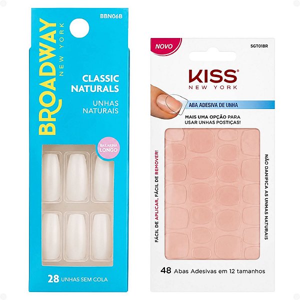 Kit Kiss New York: Unhas Postiças Bailarina Longo Dream e Abas Adesivas De Unhas