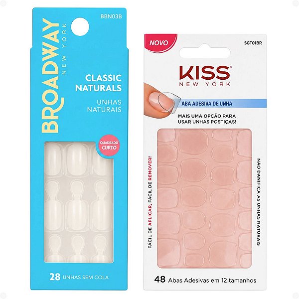 Kit Kiss New York: Unhas Postiças Quadrado Curto Courage e Abas Adesivas De Unhas