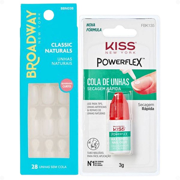 Kit Kiss New York: Unhas Postiças Quadrado Curto Courage e Cola De Unhas 3g