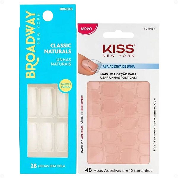 Kit Kiss New York: Unhas Postiças Quadrado Longo No Limit e Abas Adesivas De Unhas