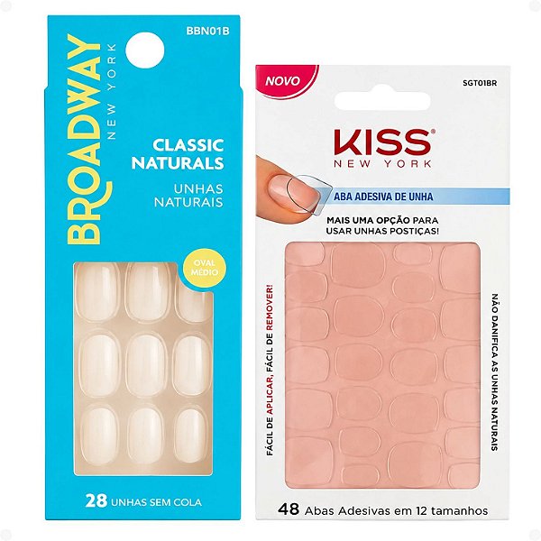 Kit Kiss New York: Unhas Postiças Oval Médio Freedom e Abas Adesivas De Unhas