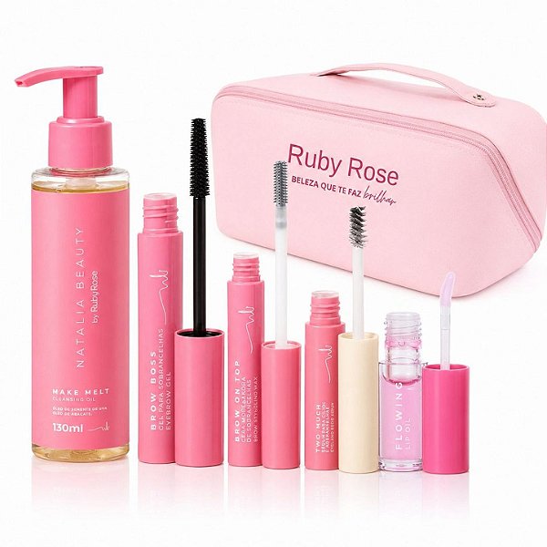 Kit Ruby Rose Natalia Beauty: Cleansing Oil, Gel Para Sobrancelhas, Cera Modeladora, Sérum Para Cílios e Lip Oil + Mimo
