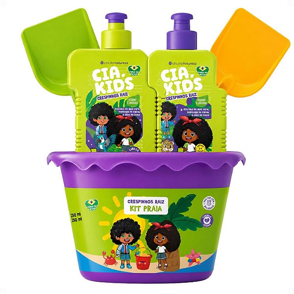 Kit Cia Da Natureza Praia Crespinhos Raiz: Shampoo, Condicionador 250ml, Balde e Acessórios