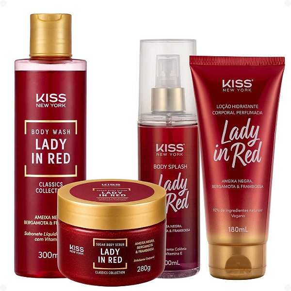 Kit Kiss New York Lady In Red: Sabonete Líquido 300ml, Esfoliante 280g, Body Splash 200ml e Hidratante 180ml