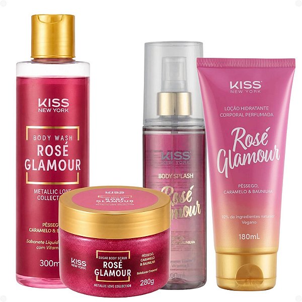 Kit Kiss New York Rosé Glamour: Sabonete Líquido 300ml, Esfoliante 280g, Body Splash 200ml e Loção Hidratante 180ml