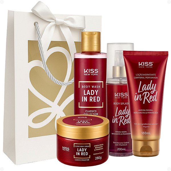 Kit Presente Kiss New York Lady In Red: Sabonete Líquido 300ml, Esfoliante 280g, Body Splash 200ml e Hidratante 180ml